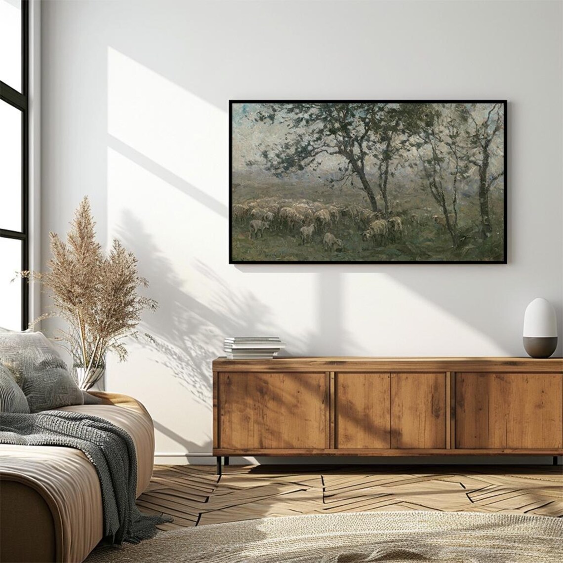 Sheep Flock Under Trees Misty Vintage Pastoral Oil Painting Poster - Image 4