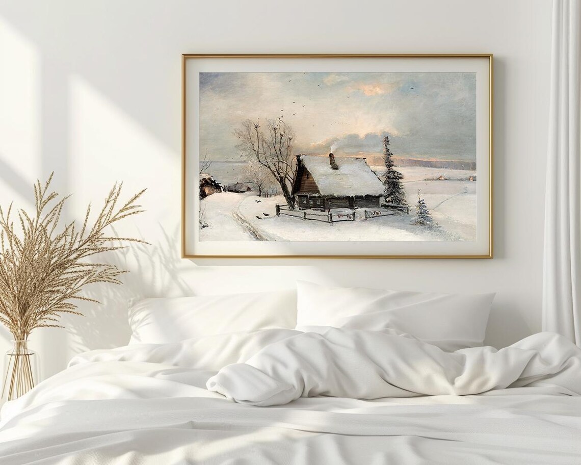 Snow Covered Cabin Chimney Smoke Winter Birds Vintage Painting Poster - Image 2