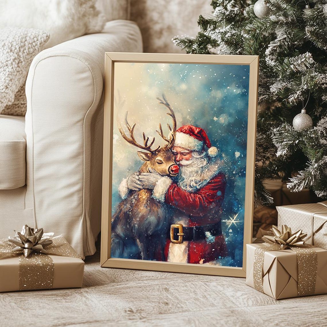 Santa Claus Hugging Reindeer Snowy Night Painterly Christmas Poster - Image 5