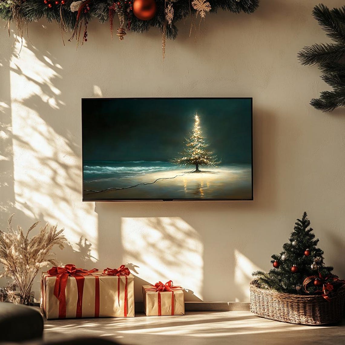 Lit Christmas Tree On Night Beach Ocean Waves Magical Holiday Poster - Image 3