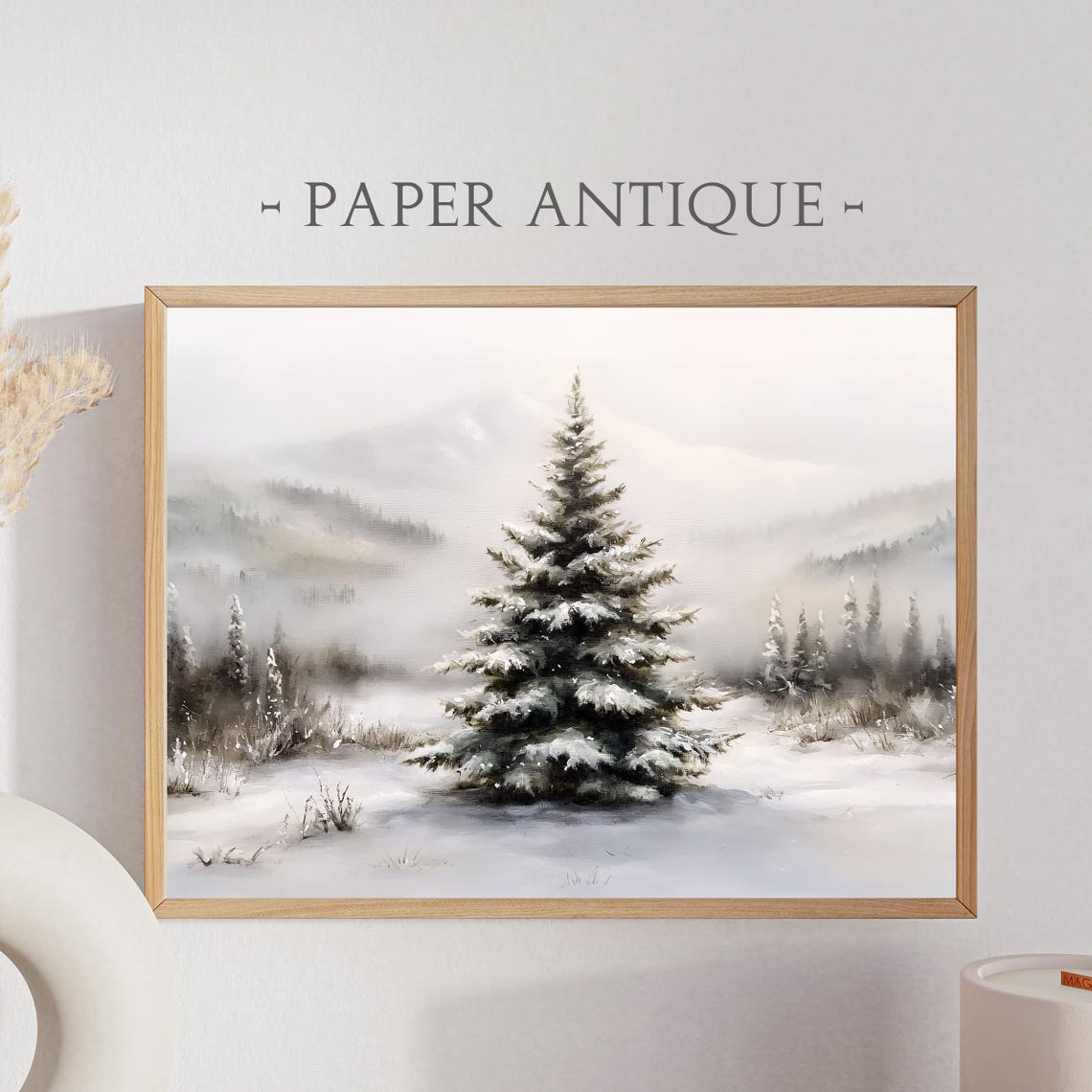 Lone Snowy Pine Tree Minimalist Winter Watercolor Art Poster