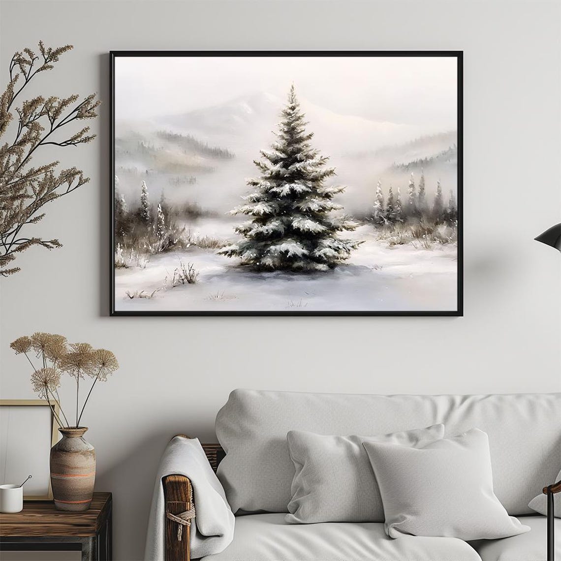Lone Snowy Pine Tree Minimalist Winter Watercolor Art Poster - Image 5