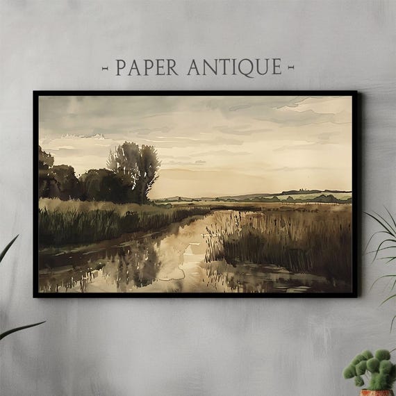 Art For Frame Tv Serene Wetland Landscape Watercolor Painting Soft Earth Tones Nature Scenery For Living Room