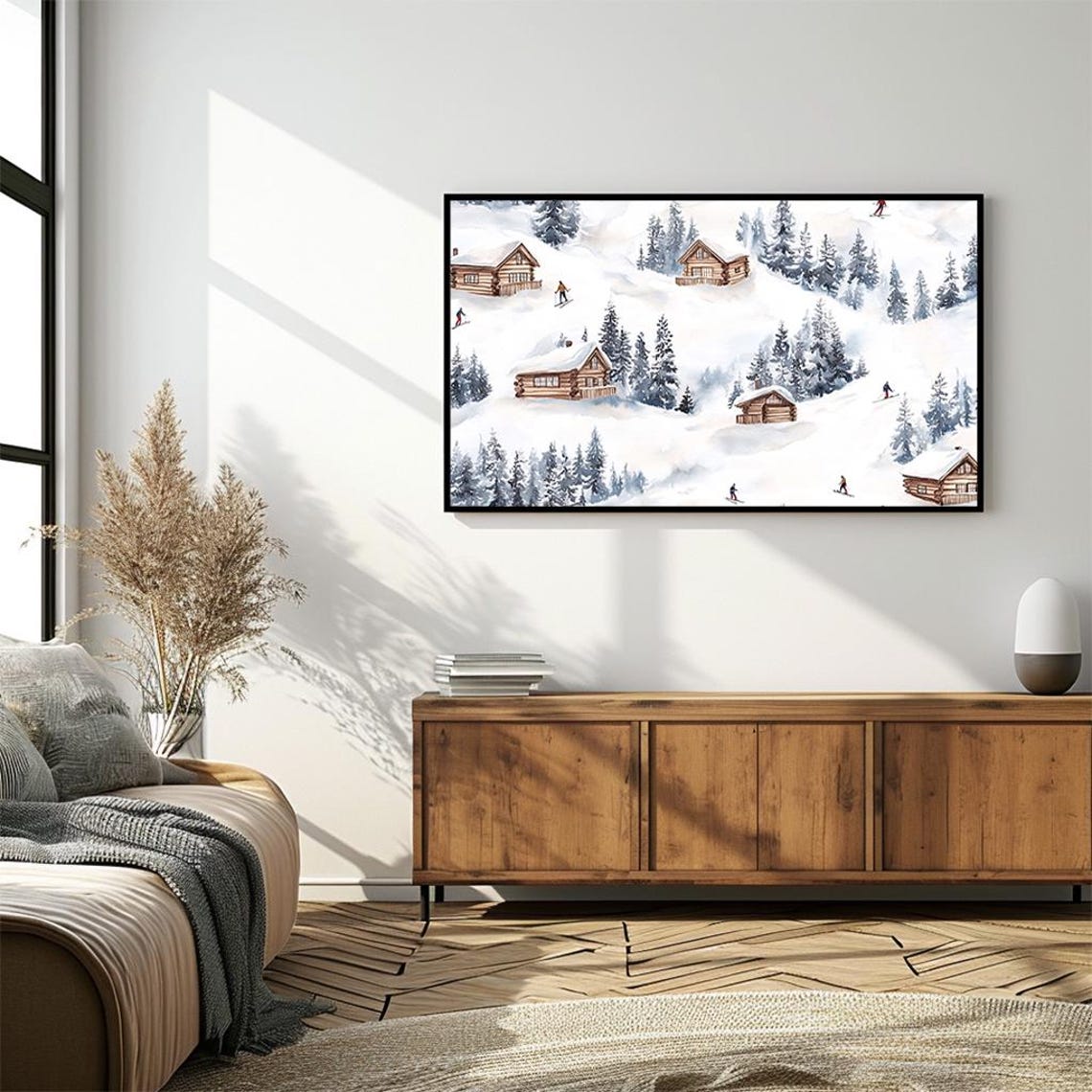 Ski Village Watercolor Log Cabins Skiers Snowy Pines Winter Poster - Image 4
