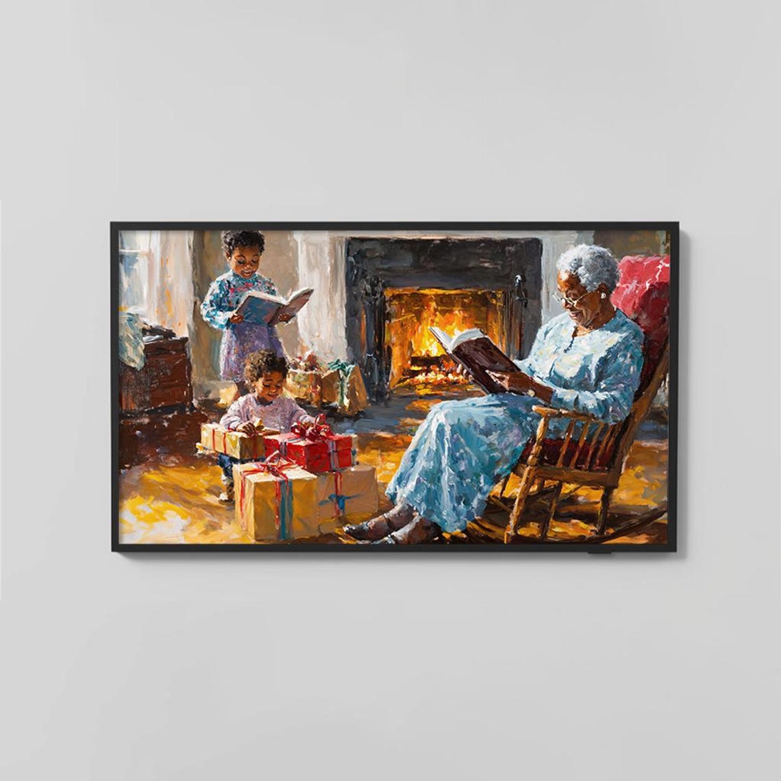 Family Christmas by Fireplace Heartwarming Holiday Painting Poster - Image 2