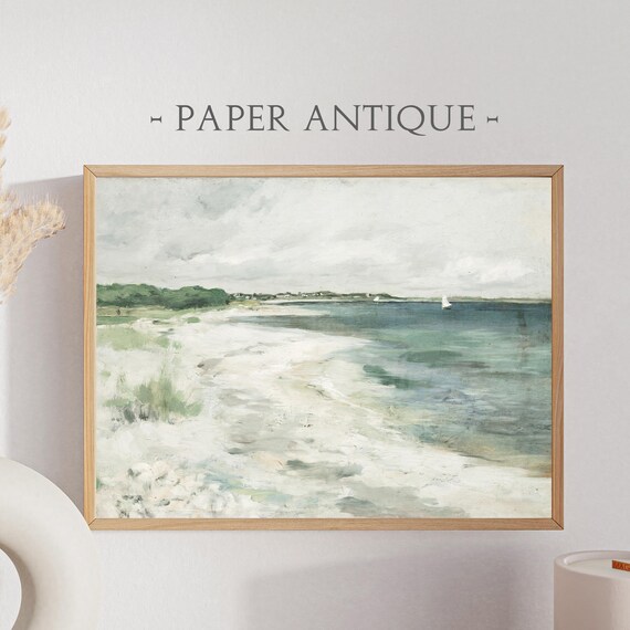 White Sand Beach Sailboats Soft Gray Seascape Minimalist Art Poster