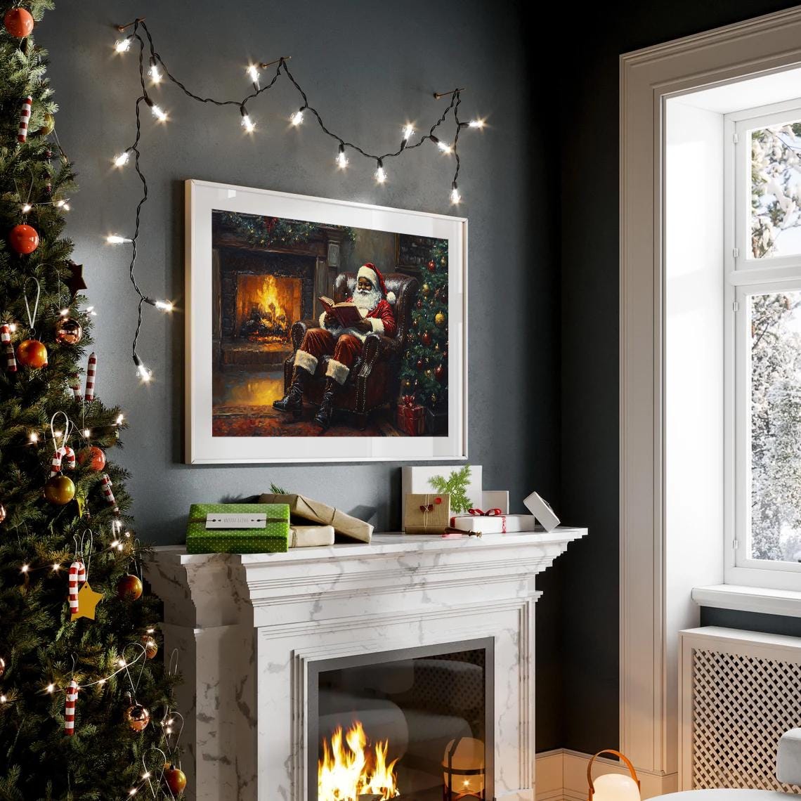 Black Santa Claus Reading by the Fireplace Cozy Christmas Night Poster - Image 2