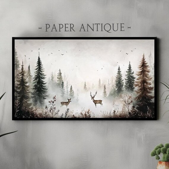 Deer Pair in Misty Pine Forest Watercolor Wildlife Scene Poster