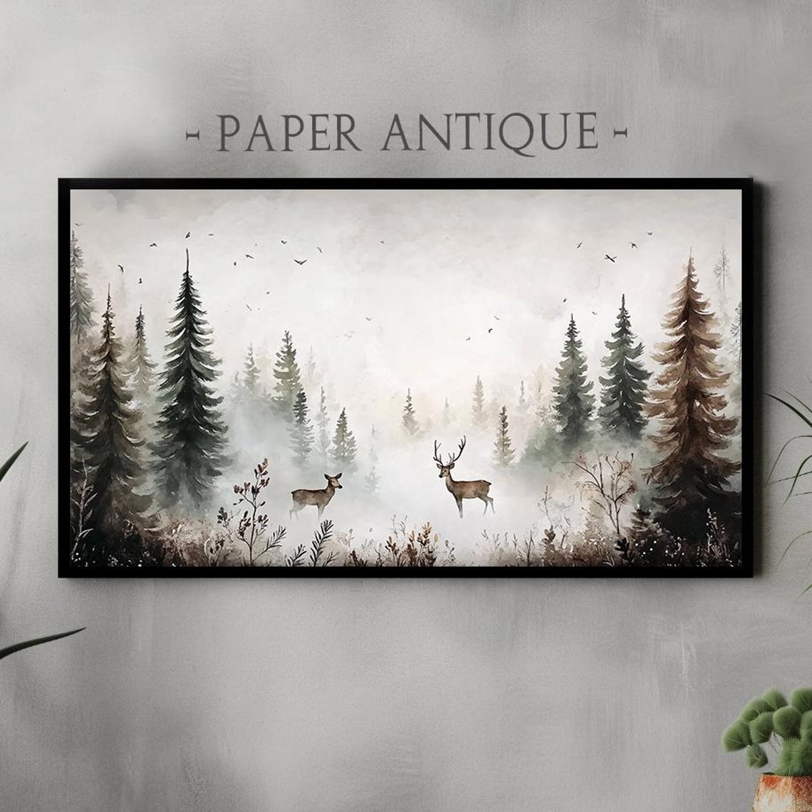 Deer Pair in Misty Pine Forest Watercolor Wildlife Scene Poster