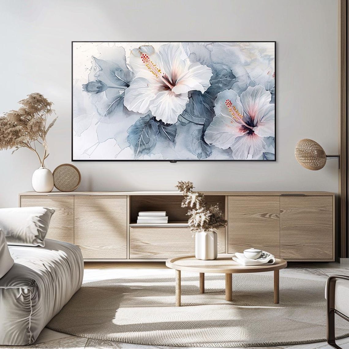 White Hibiscus Ink Wash Painting Blue Grey Floral Art Poster - Image 5