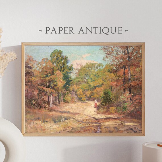 Autumn Woodland Trail Figure In Red Dress Fall Path Painting Poster