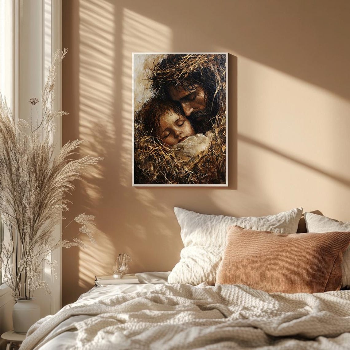 Saint Joseph Holding Baby Jesus Sleeping in the Manger Painting Poster - Image 2