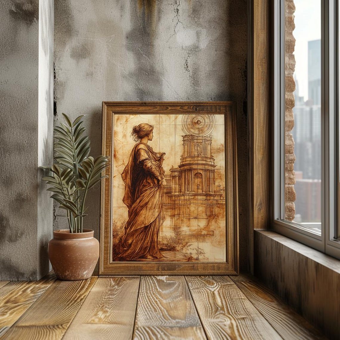 Classical Statue And Architecture Sketch Historic Art Sepia Tones Detailed Drawing Timeless Wall Art Print Pt - Image 3