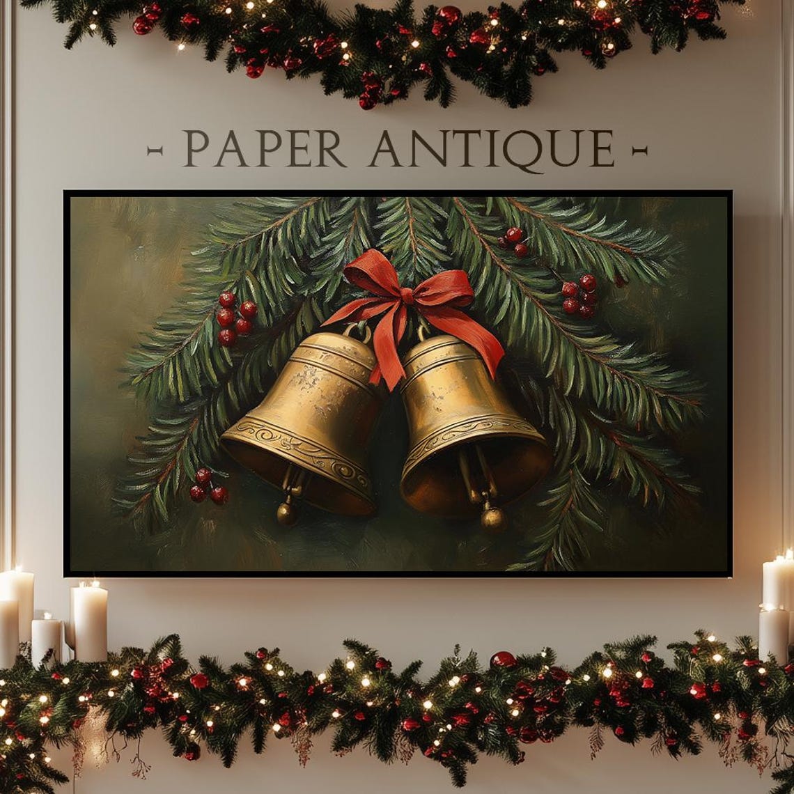 Golden Christmas Bells With Red Bow On Pine Branches Holiday Poster