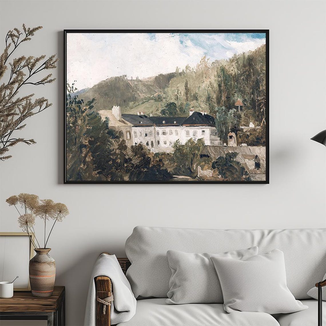 White Manor House Green Hills Trees Vintage European Style Poster - Image 5
