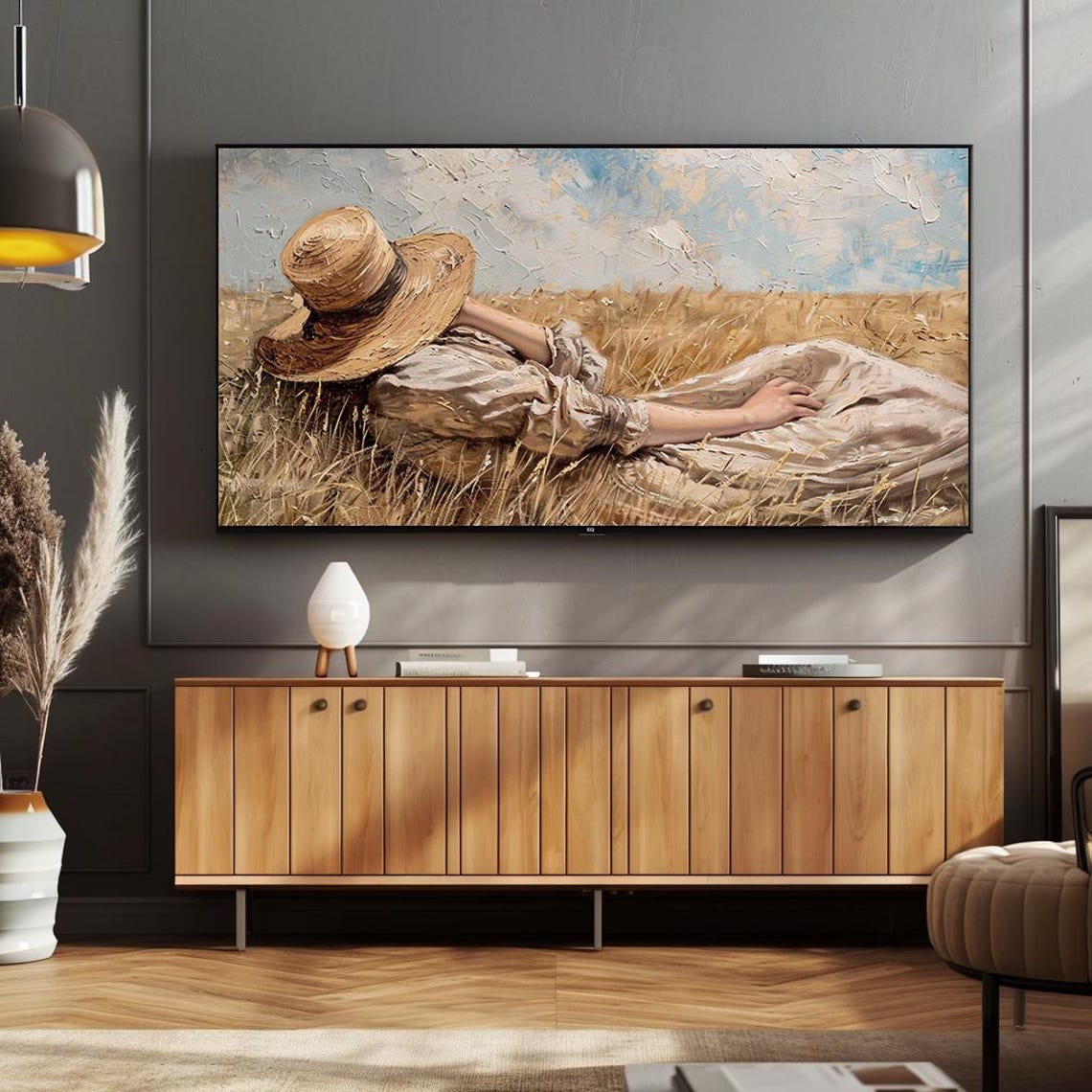 Woman Resting in Wheat Field Wearing Straw Hat Summer Poster - Image 2