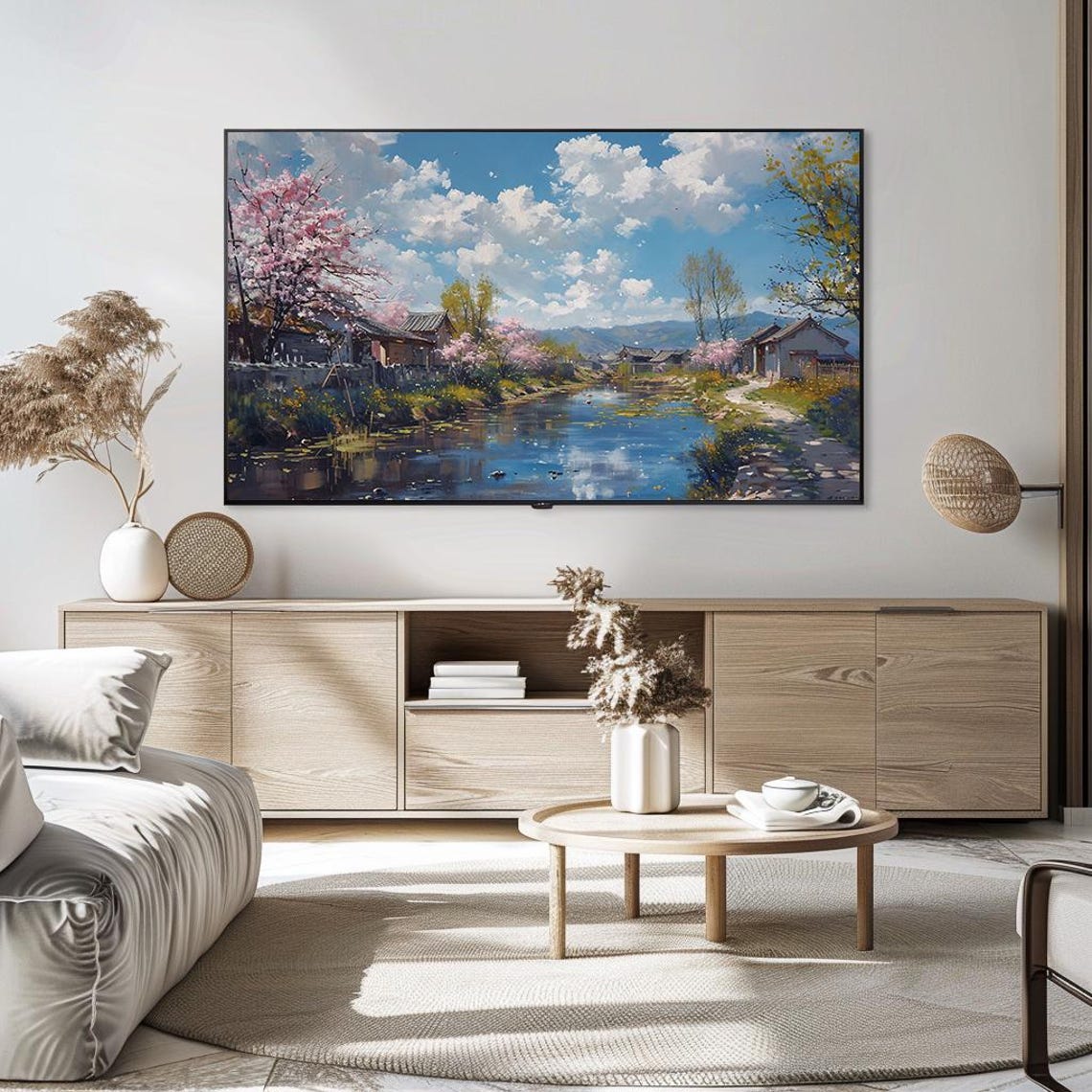 Cherry Blossom Village River Blue Sky Spring Landscape Painting Poster - Image 5