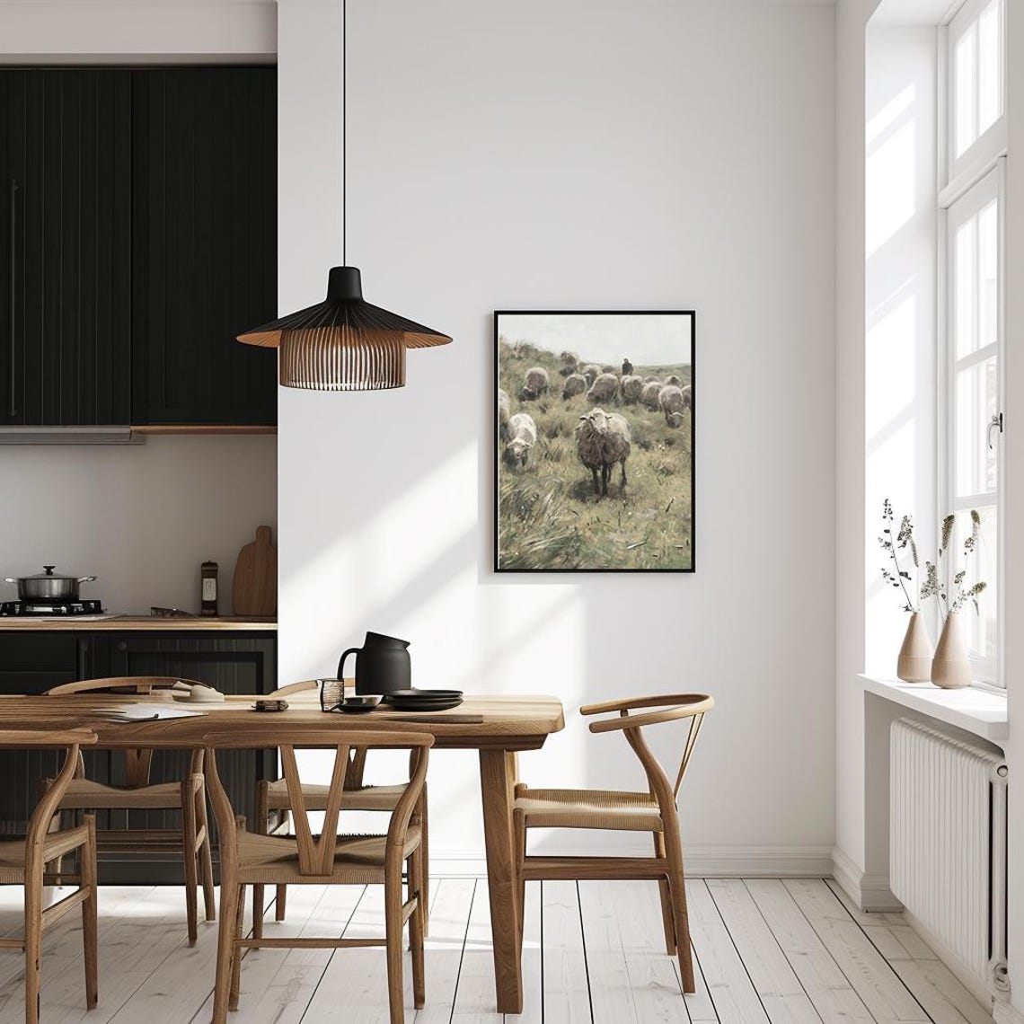 Sheep Herd In Pasture With Shepherd Rustic Farm Animal Painting Poster - Image 4