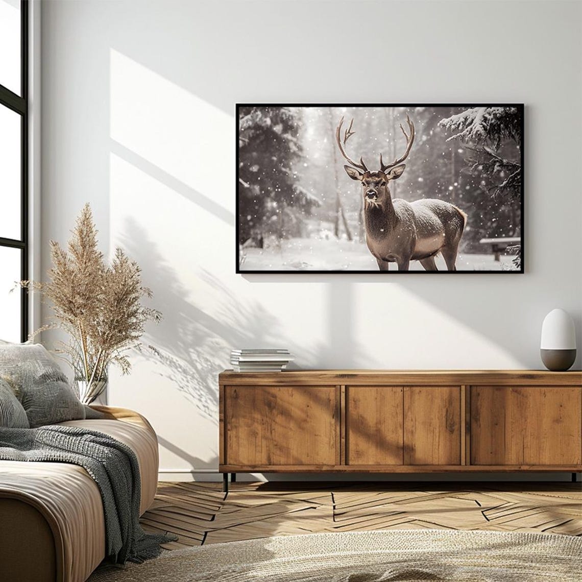 Majestic Stag in Snowy Winter Forest Rustic Wildlife Art Poster - Image 4