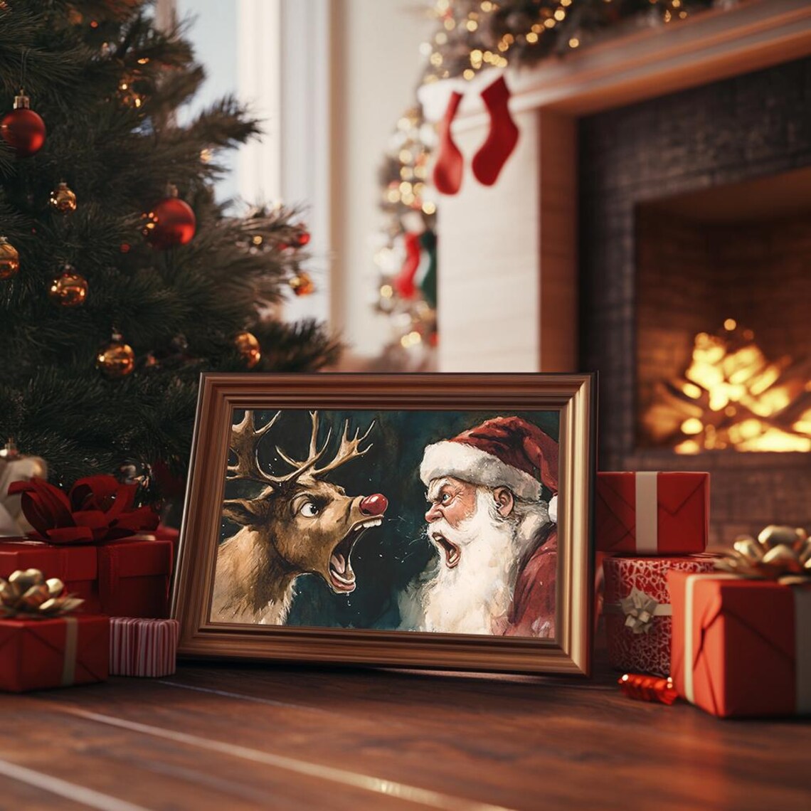 Santa And Reindeer Funny Argument Watercolor Christmas Humor Poster - Image 3