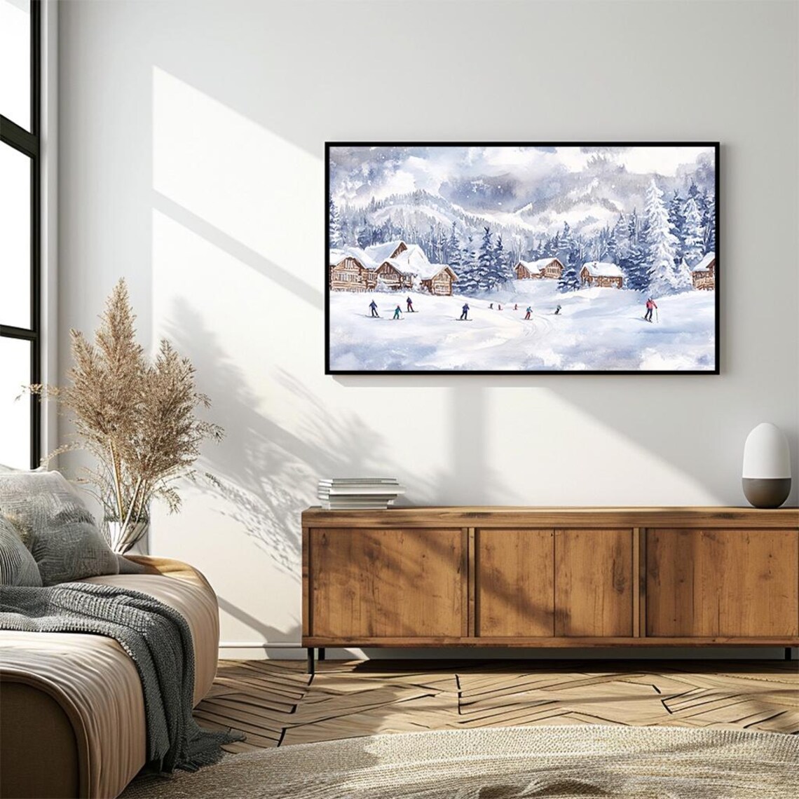 Skiers Mountain Chalets Watercolor Snowy Alpine Winter Scene Poster - Image 4