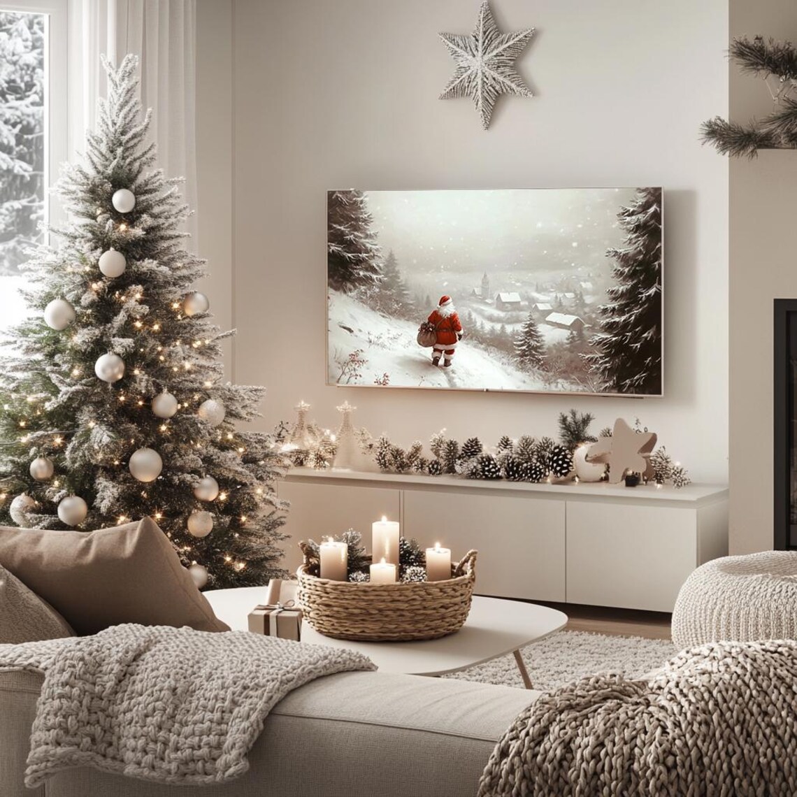 Santa Walking Toward Snowy Village Church Winter Landscape Poster - Image 5