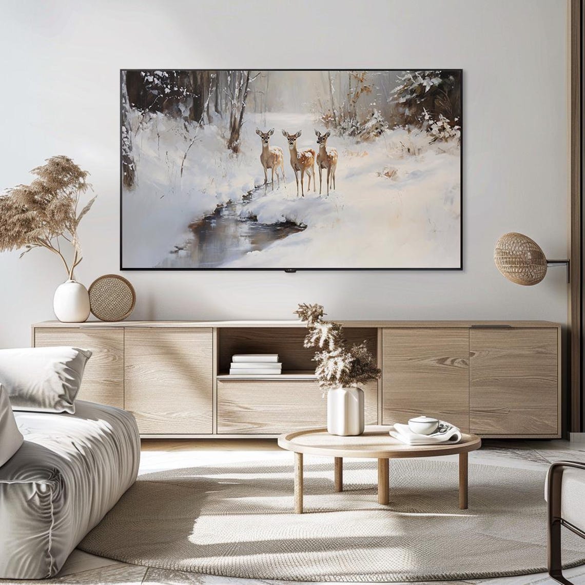 Winter Deer Painting Trio of Fawns in Snowy Forest Landscape Poster - Image 5