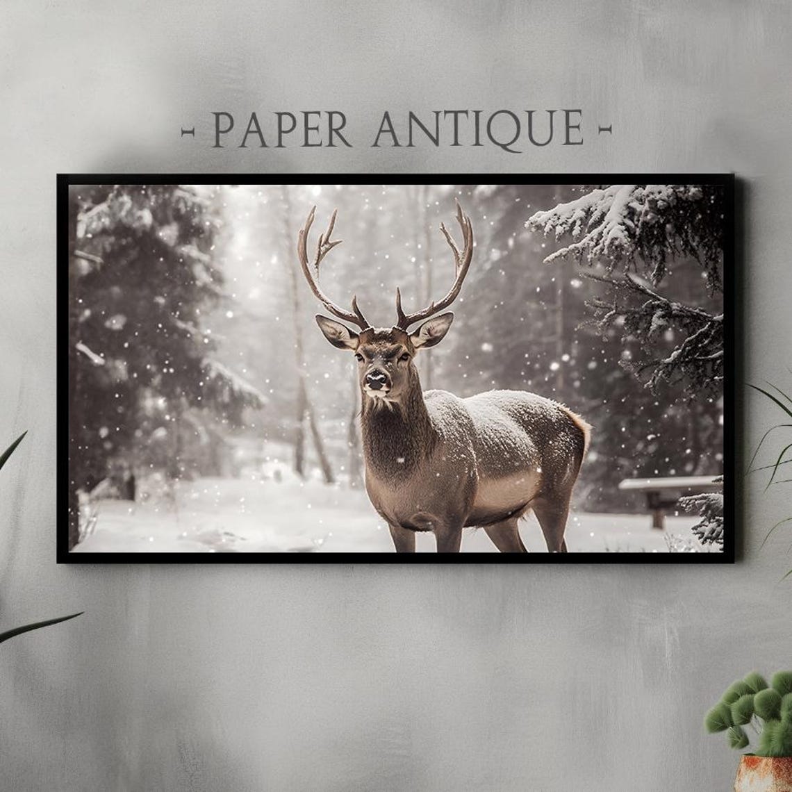 Majestic Stag in Snowy Winter Forest Rustic Wildlife Art Poster