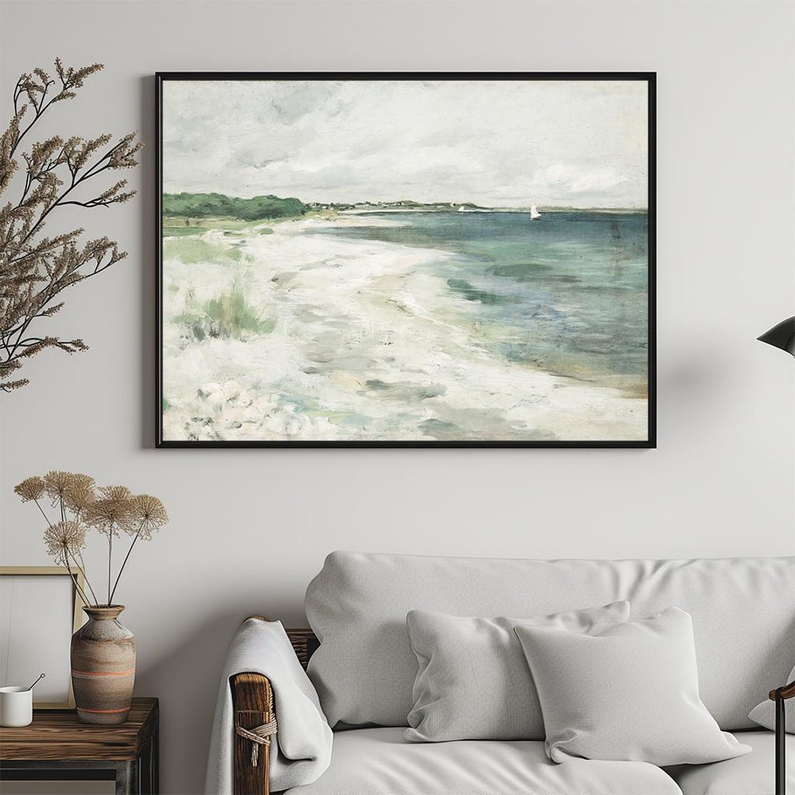 White Sand Beach Sailboats Soft Gray Seascape Minimalist Art Poster - Image 5