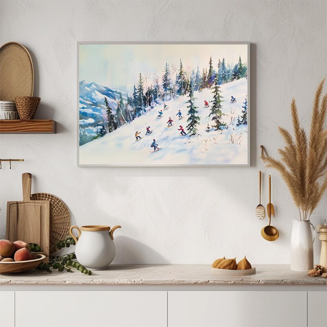 Skiers on Snowy Mountain Slope Watercolor Winter Sports Scene Poster - Image 4