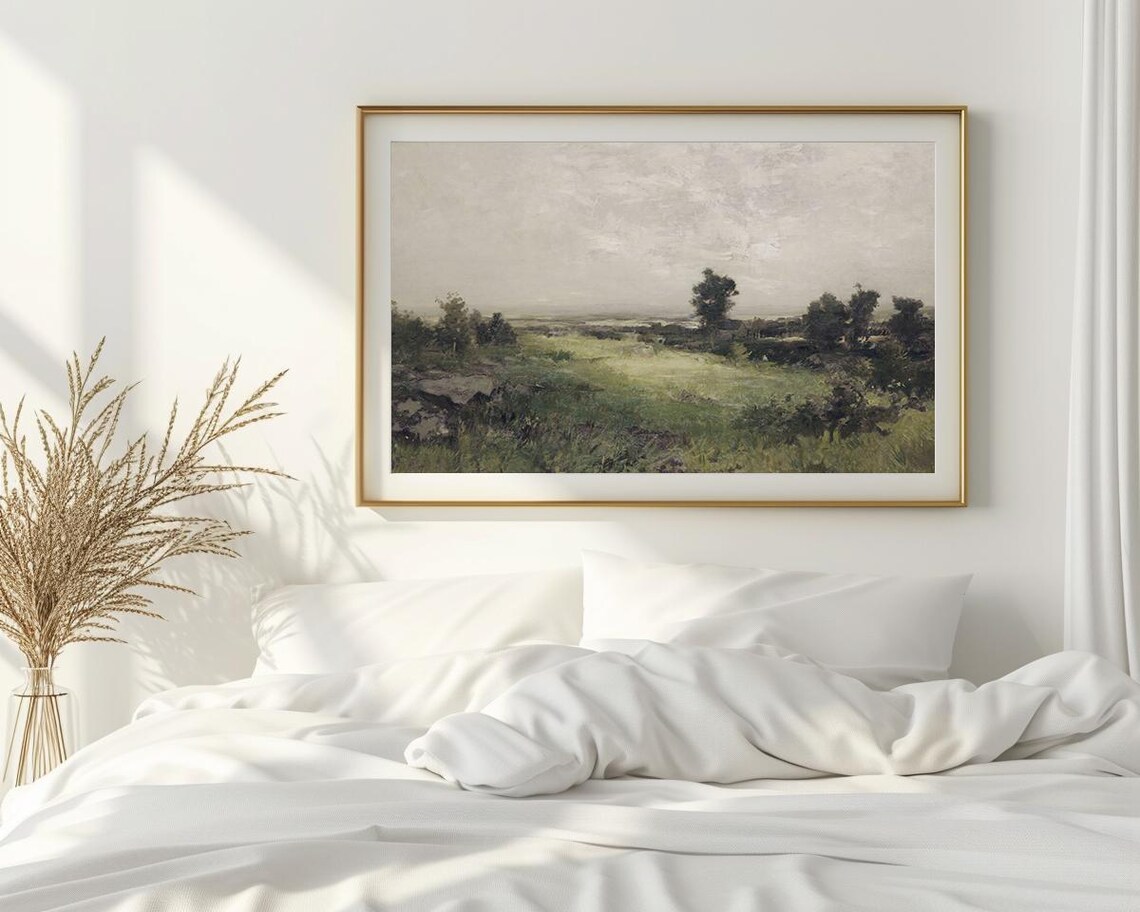 Green Pasture Misty Gray Sky Quiet Meadow Vintage Oil Painting Poster - Image 2