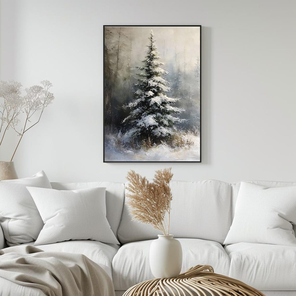 Snowy Pine Tree in Misty Winter Forest Oil Painting Christmas Poster - Image 3