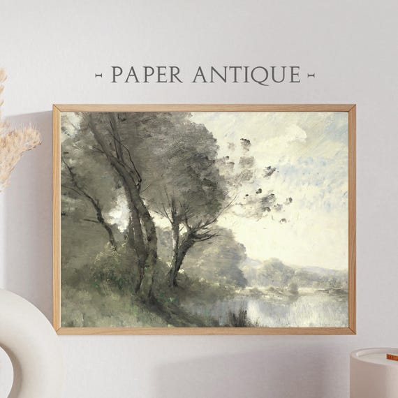 Landscape Oil Painting Peaceful Riverbank With Trees Art Print Neutral Color Palette Rustic Decor Instant Wall Art Ls