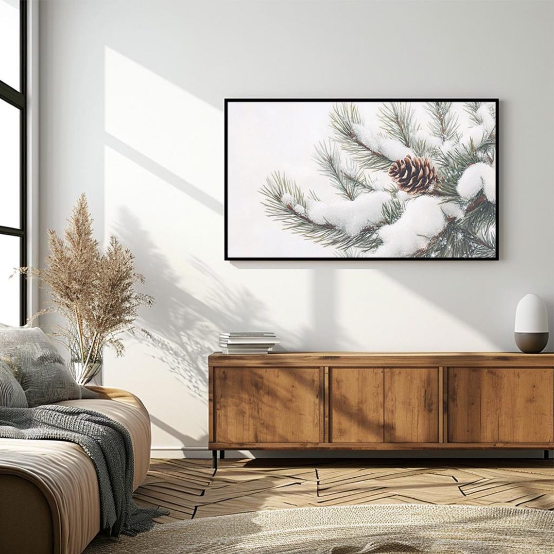 Snow Covered Pine Branch With Pinecone Rustic Winter Art Poster - Image 4