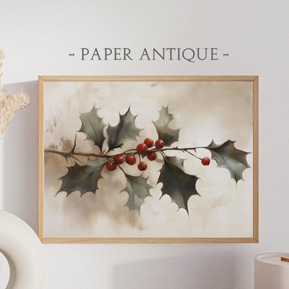 Holly Branch With Red Berries Vintage Oil Painting Botanical Poster