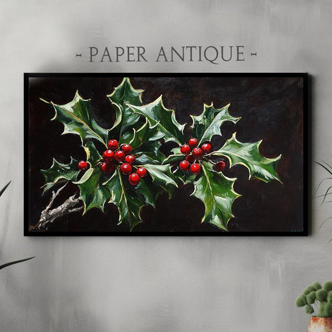 Holly Leaves Red Berries Botanical Oil Painting Christmas Poster