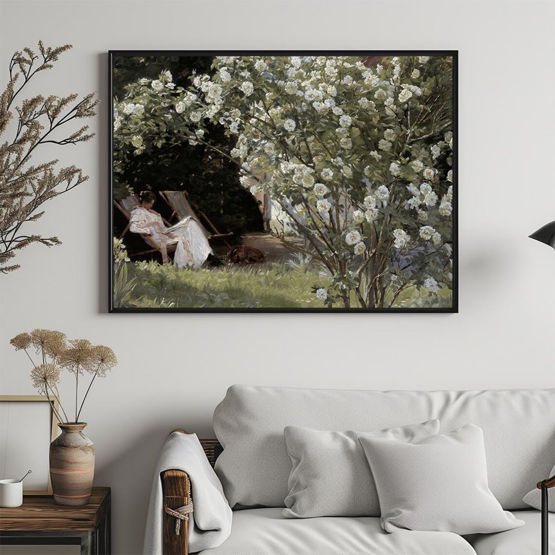 Woman Reading Garden Chair White Blossoms Peaceful Vintage Art Poster - Image 5