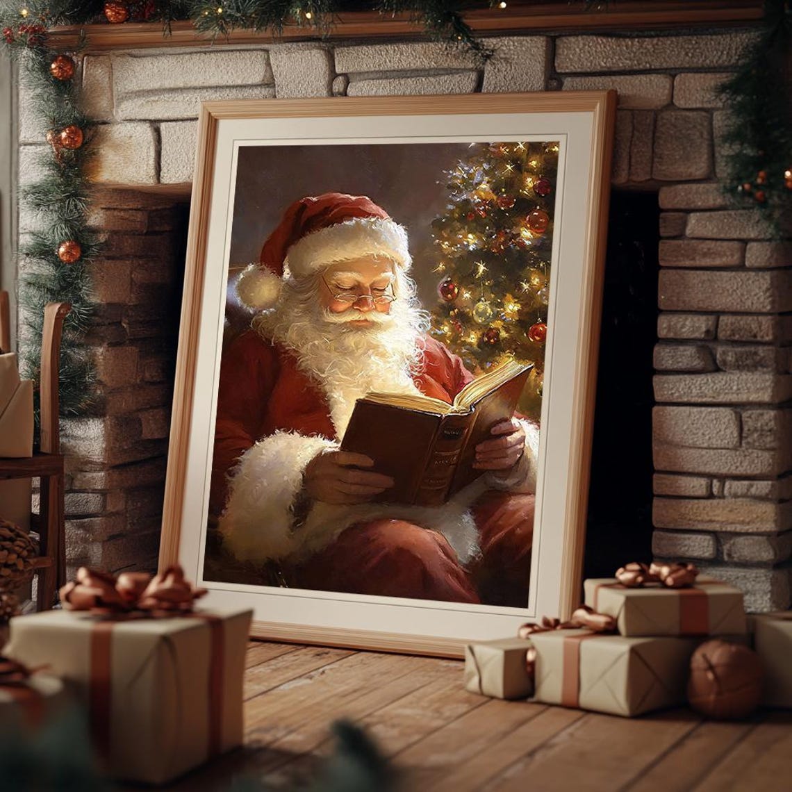 Santa Claus Reading Glowing Book By Lit Christmas Tree Poster - Image 3