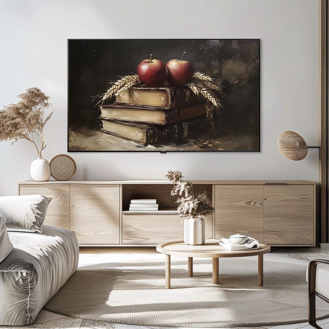 Rustic Still Life Apples on Vintage Books and Wheat Oil Poster - Image 5