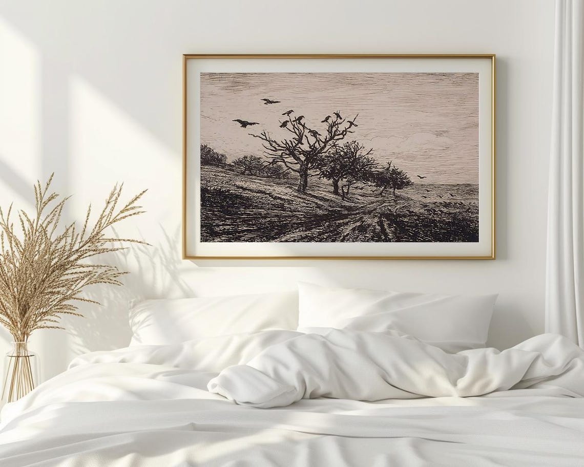 Birds On Bare Winter Tree Black Ink Sketch Etched Art Poster - Image 2