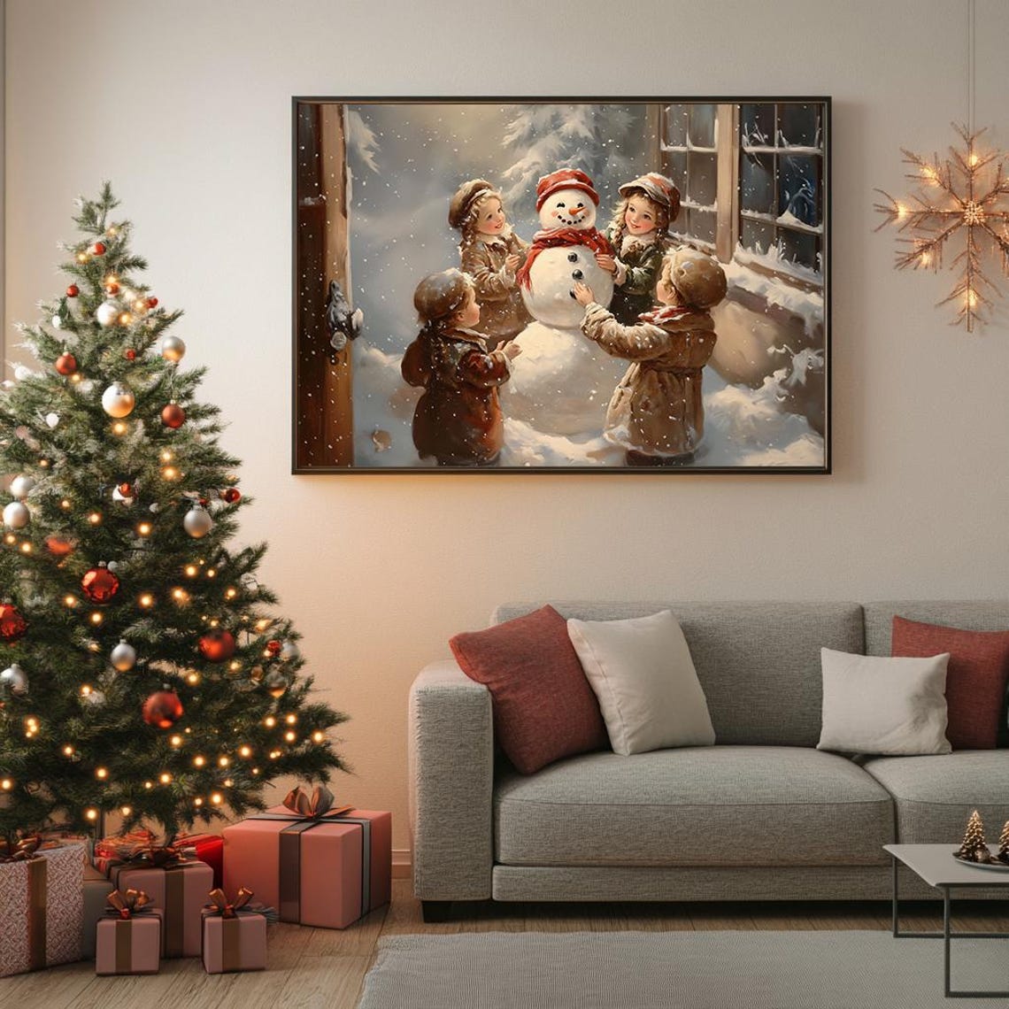 Vintage Christmas Scene Children Building Snowman Cozy Poster - Image 5