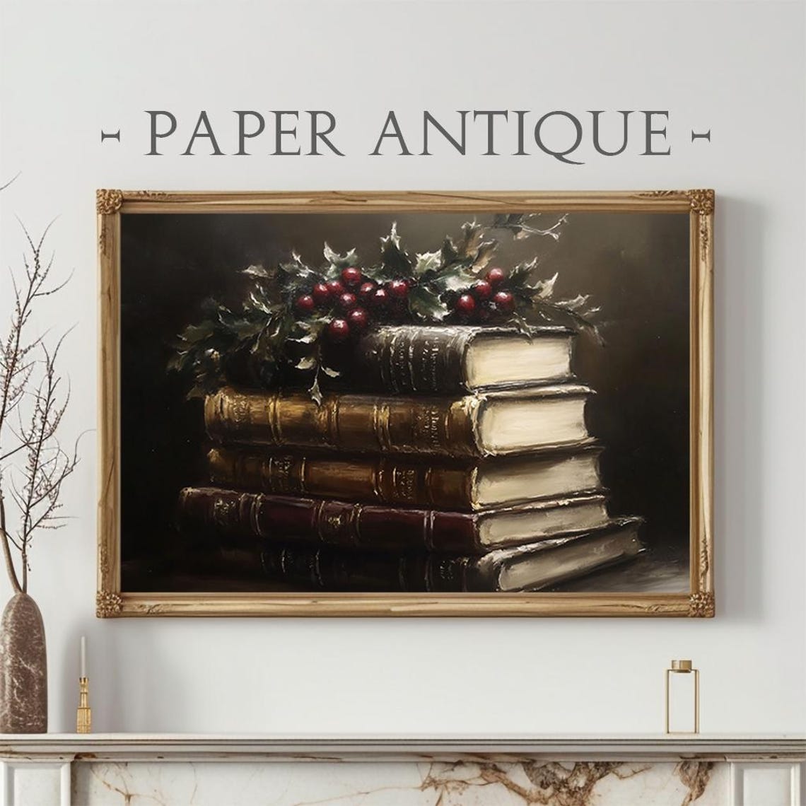 Vintage Books Stack Holly Berries Dark Academia Painting Poster