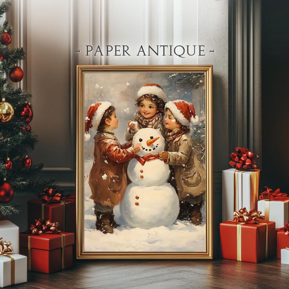 Children Building A Snowman In Vintage Christmas Painting Poster