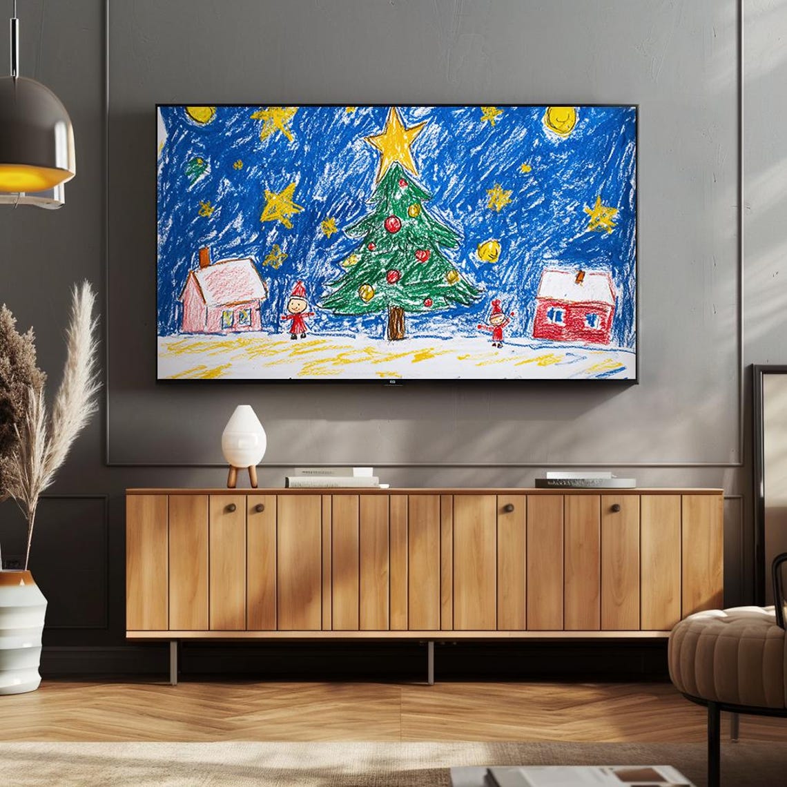 Kids Crayon Christmas Drawing Whimsical Tree Night Sky Poster - Image 4