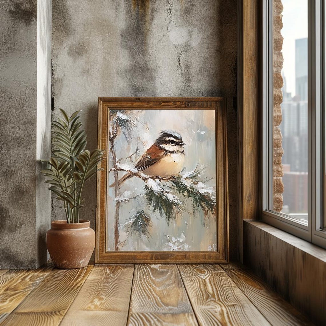 Chickadee Perched On Snowy Pine Branch Winter Bird Painting Poster - Image 2