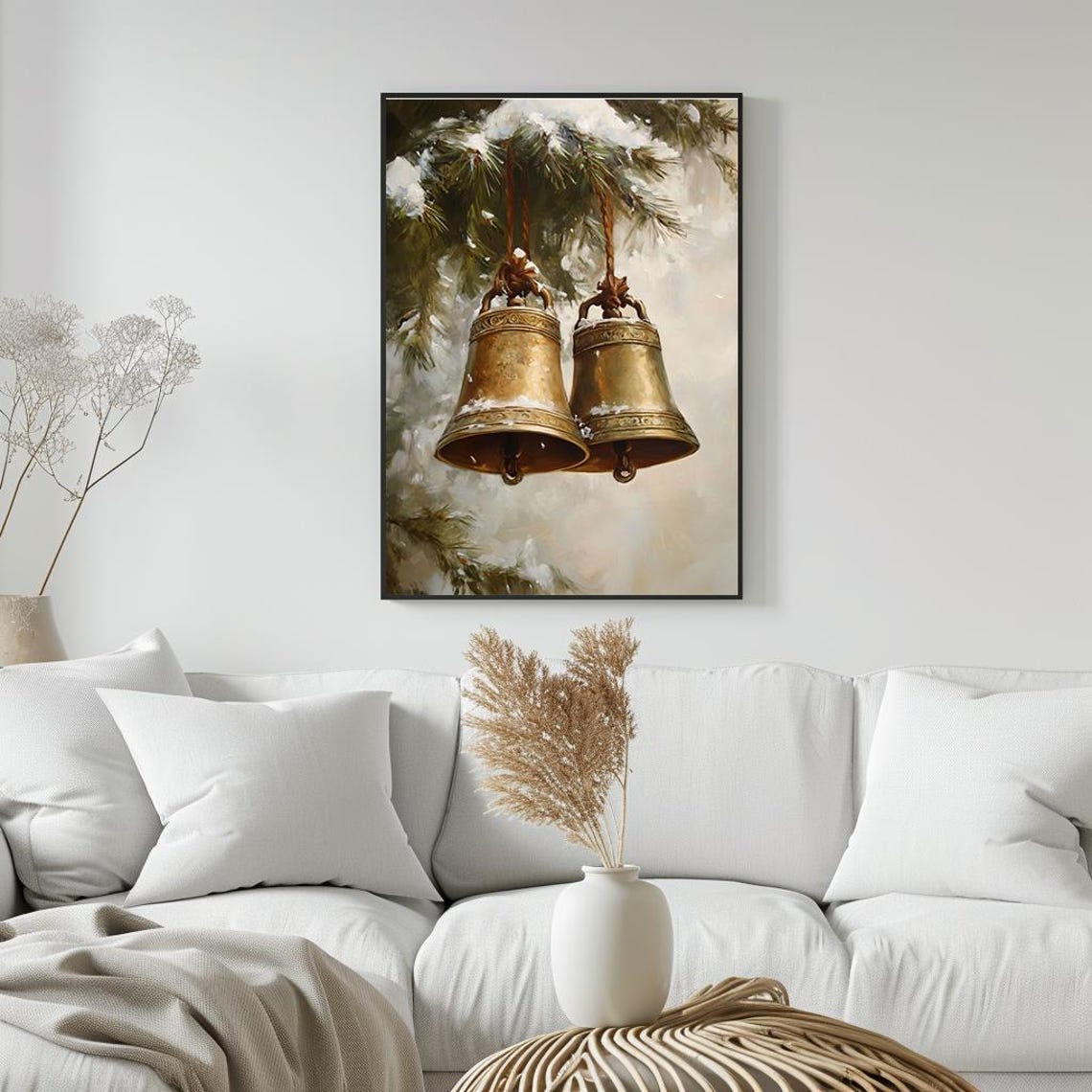 Antique Brass Christmas Bells Hanging From Snowy Pine Branch Poster - Image 3