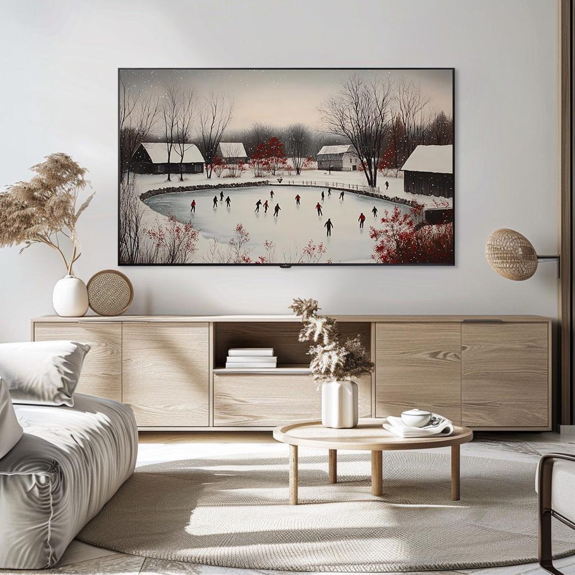 Frozen Farm Pond Ice Skaters Winter Landscape Rustic Painting Poster - Image 5