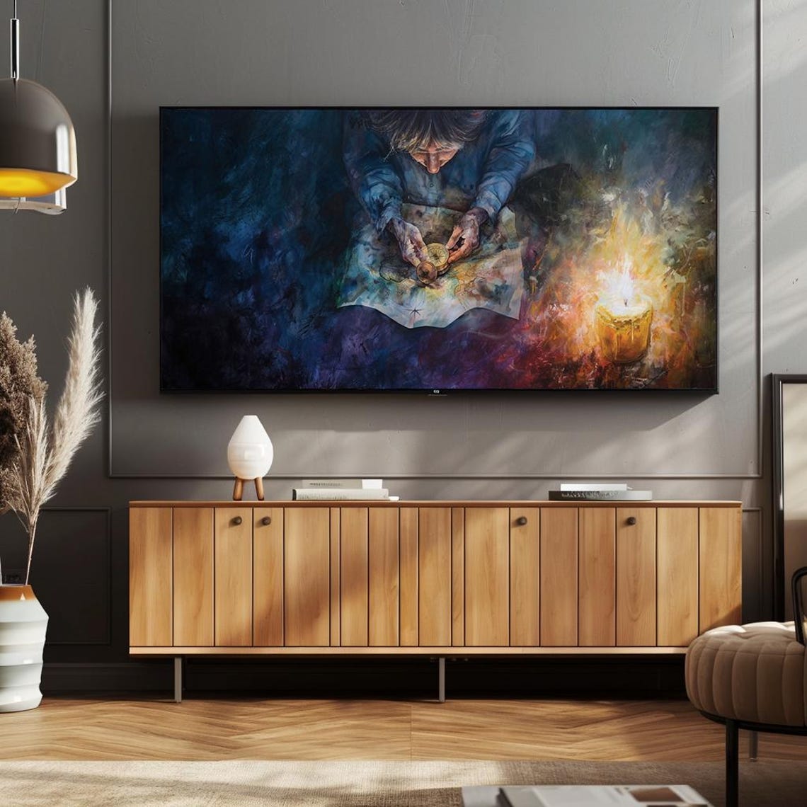 Explorer Reading Map by Candlelight Dark Moody Painting Poster - Image 2