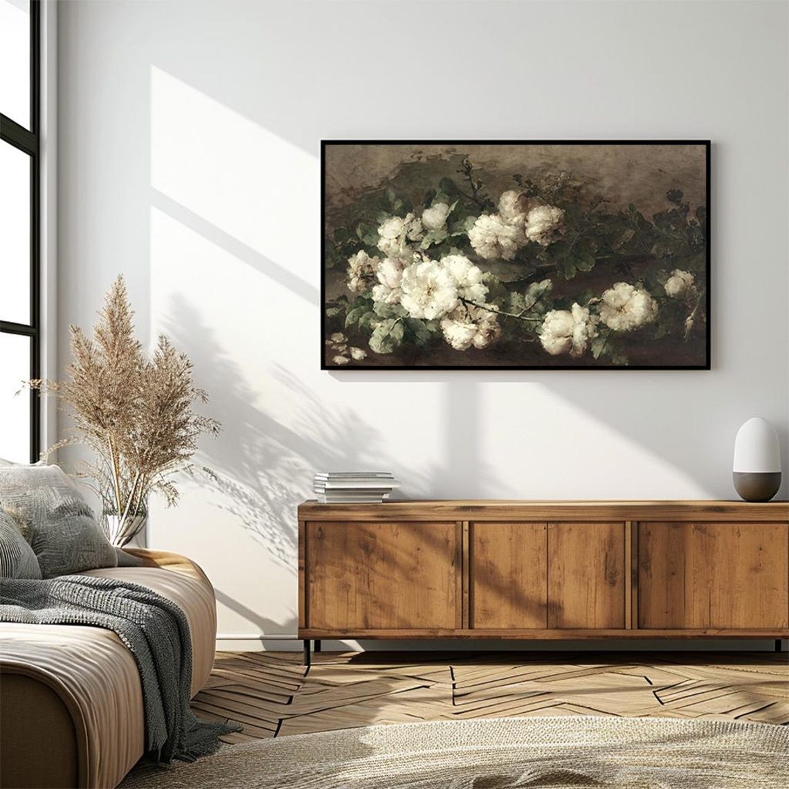 White Peonies Dark Moody Vintage Floral Still Life Art Poster - Image 4