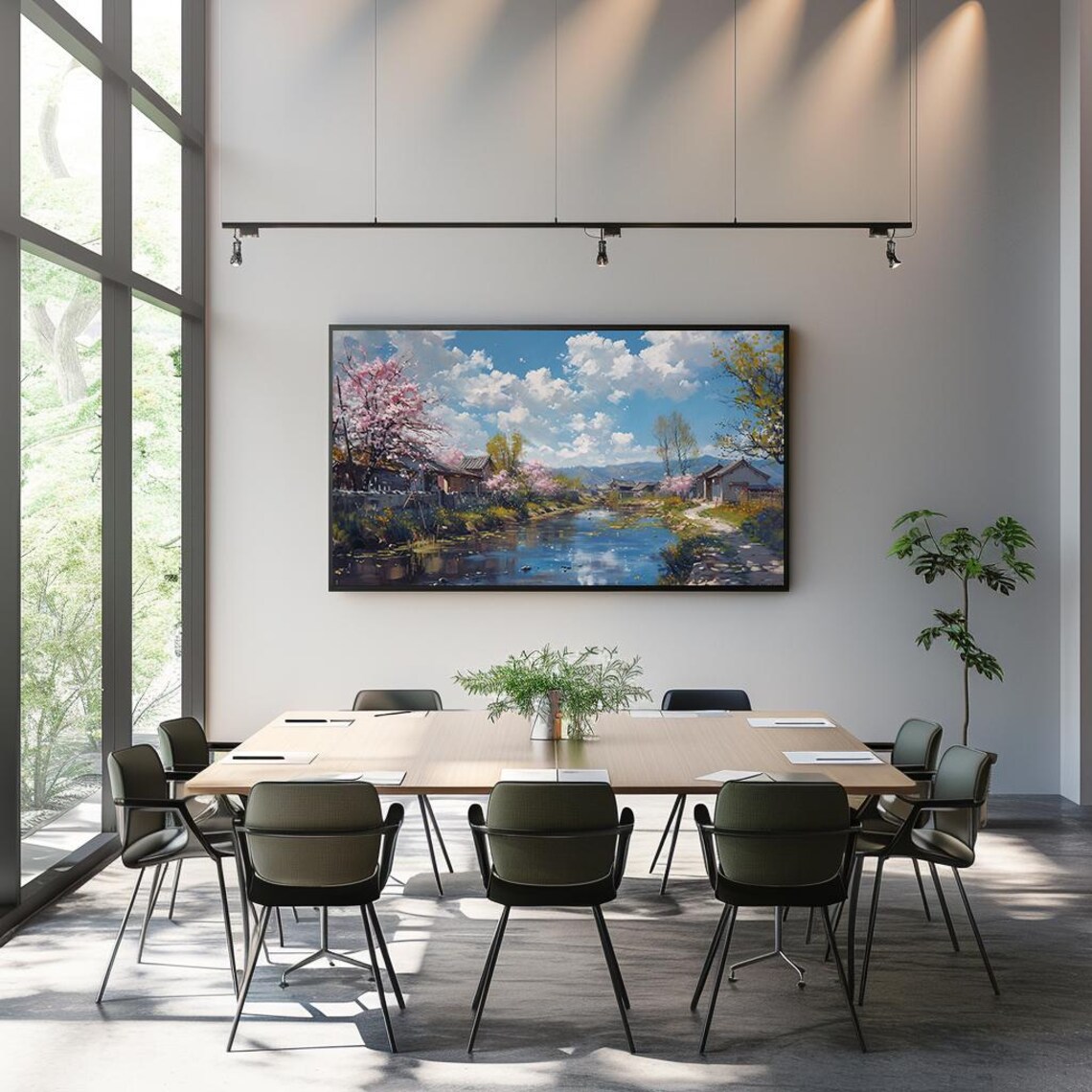 Cherry Blossom Village River Blue Sky Spring Landscape Painting Poster - Image 3